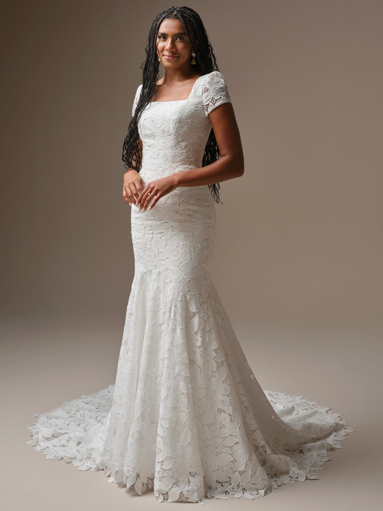 maggie sottero lace dress Romantic And Feminine Embellished Lace Fit-And-Flare Wedding Dress With Buttons