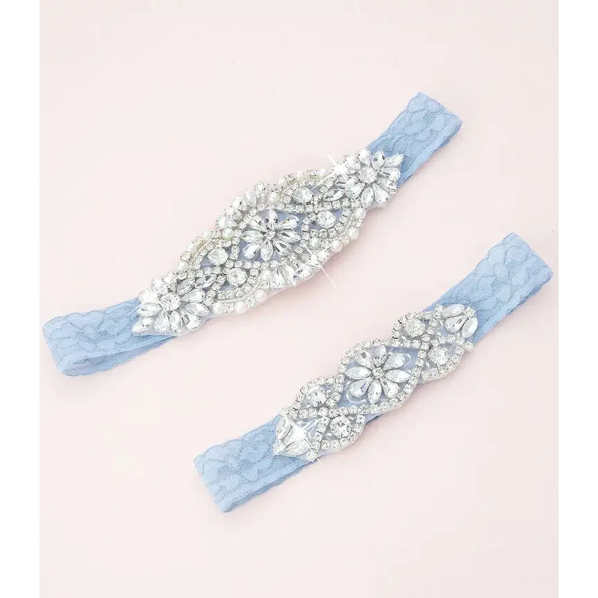 Adelaide Crystal and Lace Garter Set Dusty Blue C01S-C02S