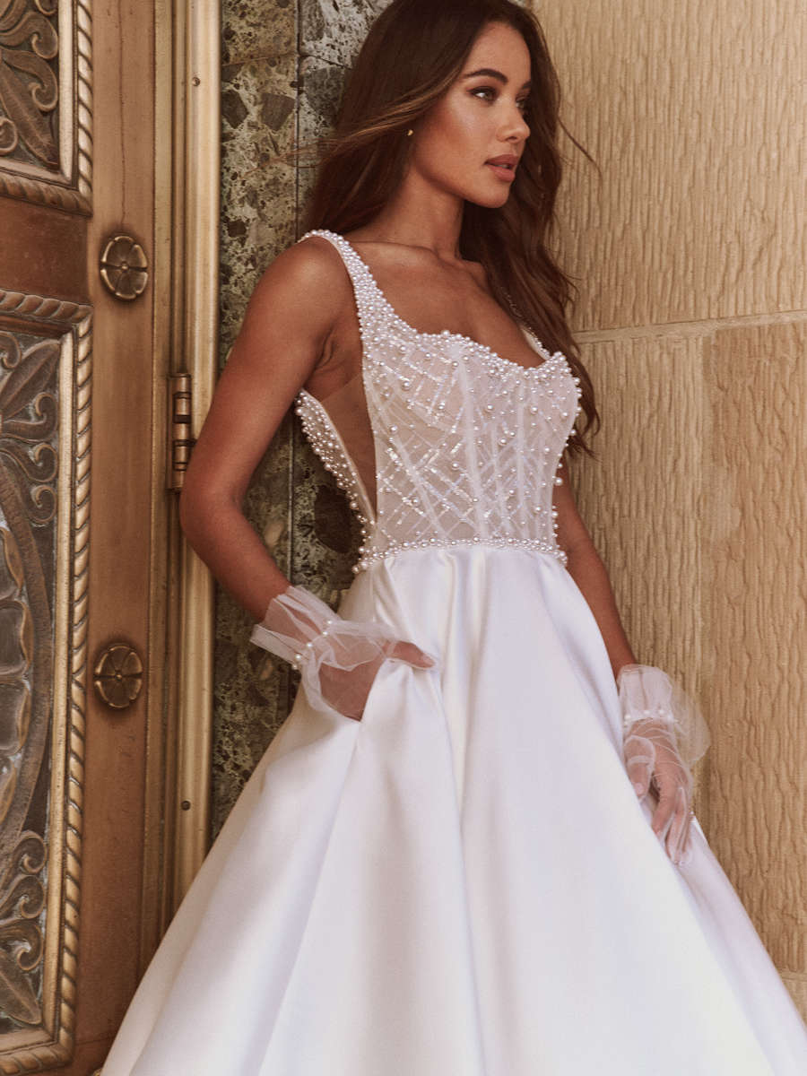 Pearl Bodice Pockets A-Line Wedding Gown