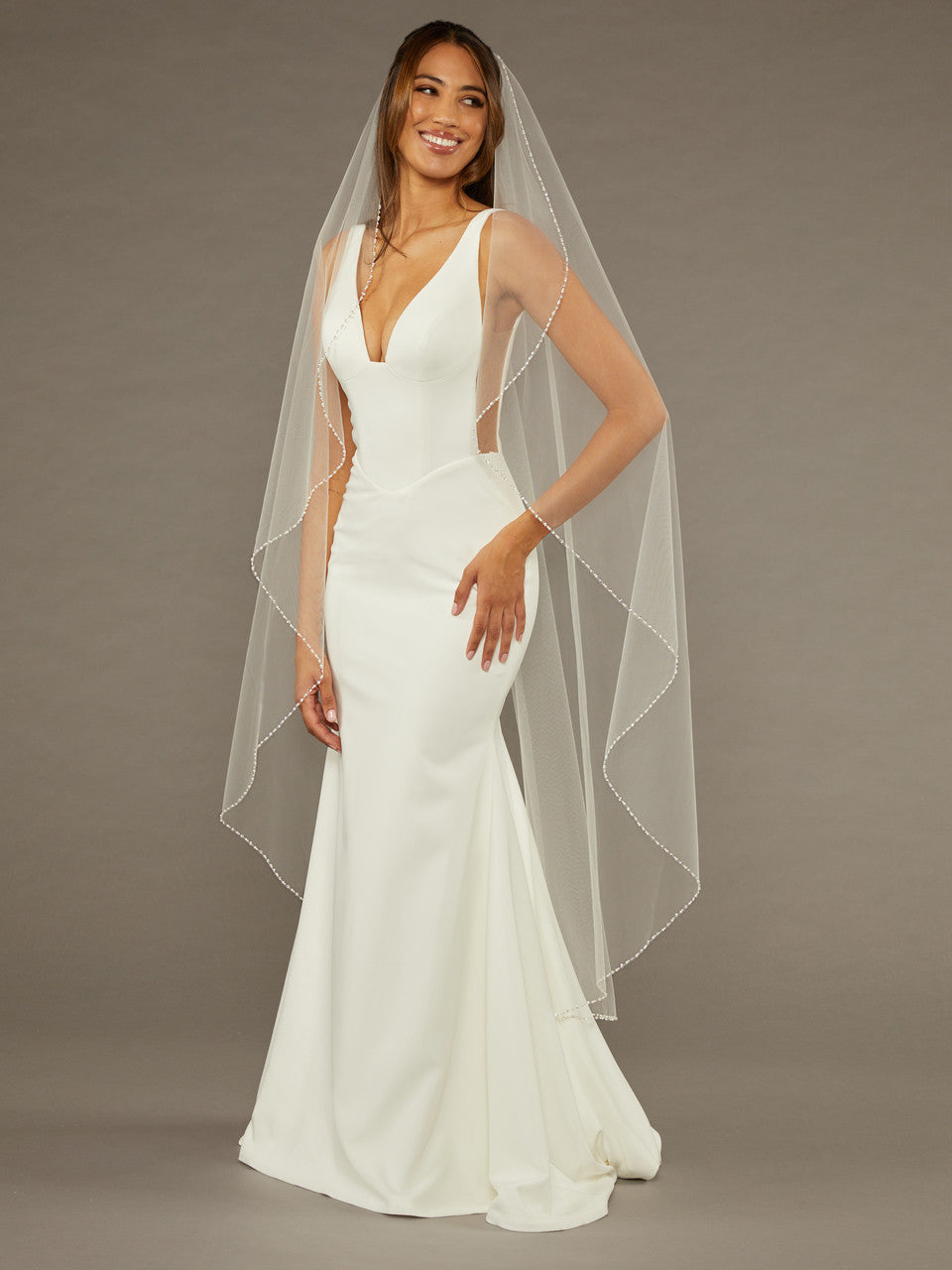 V2480WZ - Waterfall Tulle Veil with Pearl, Sequins and Opaque Seed Beads