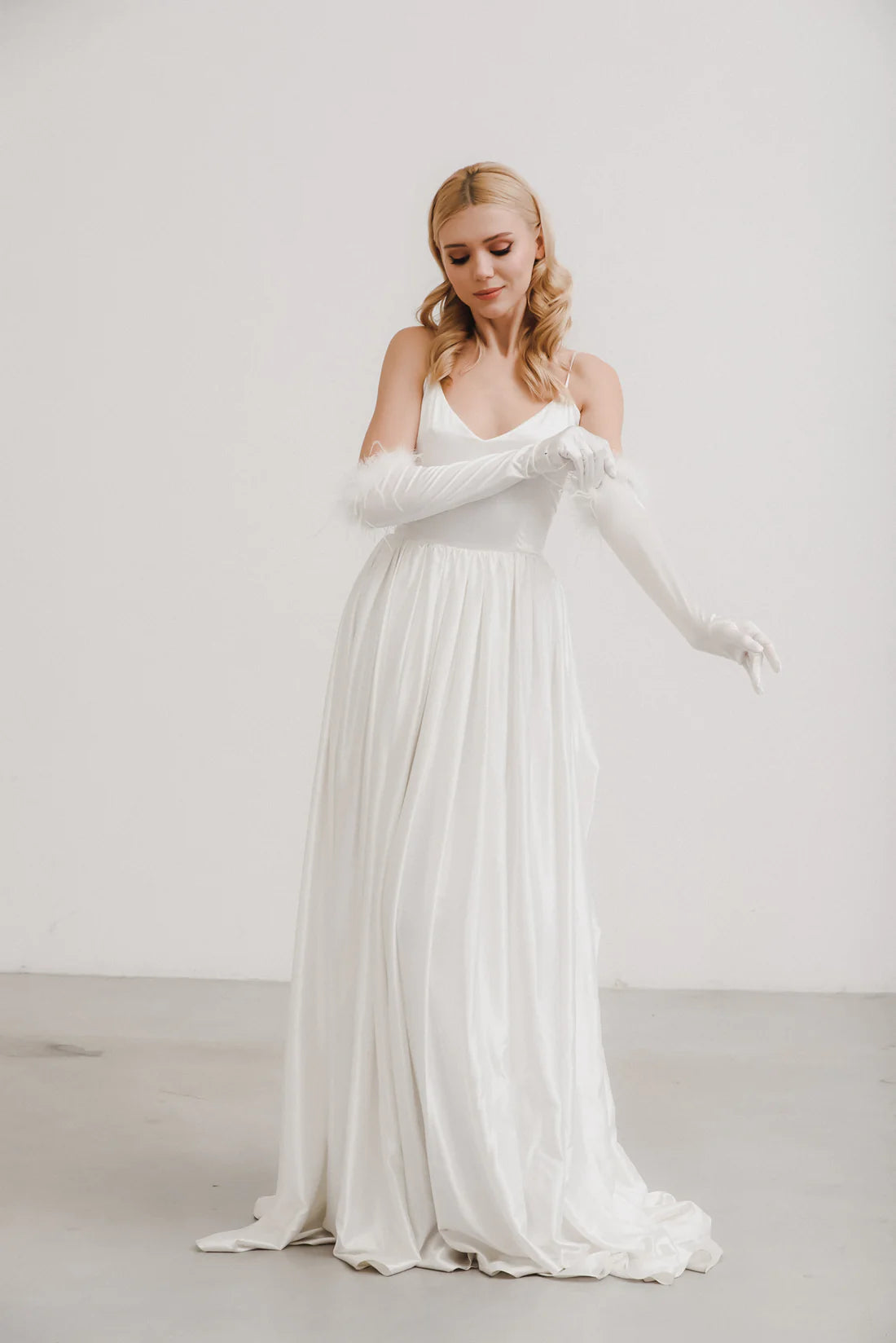 satin dress gloves Fitted Satin Gown with Gloves by Cinderella Divine CD979