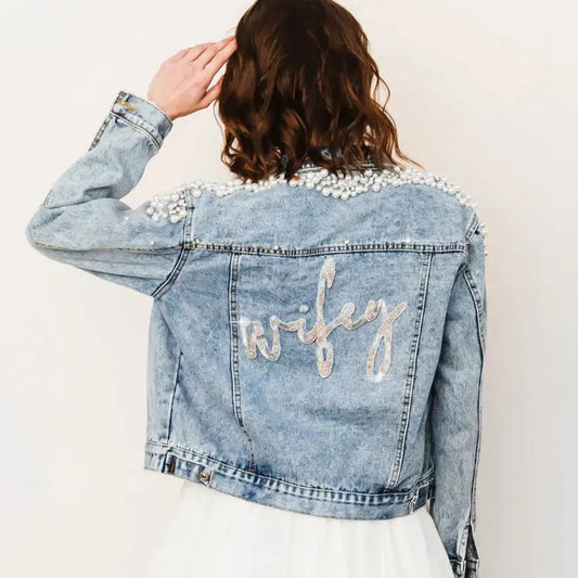 Cluster Pearl Beaded Wifey Denim Jacket by Heirloom -