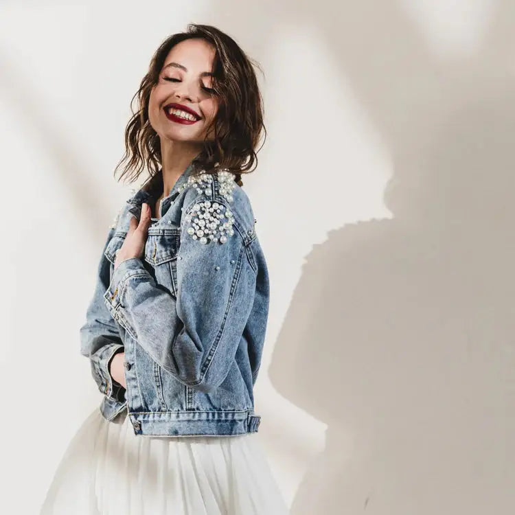 Cluster Pearl Beaded Wifey Denim Jacket by Heirloom -