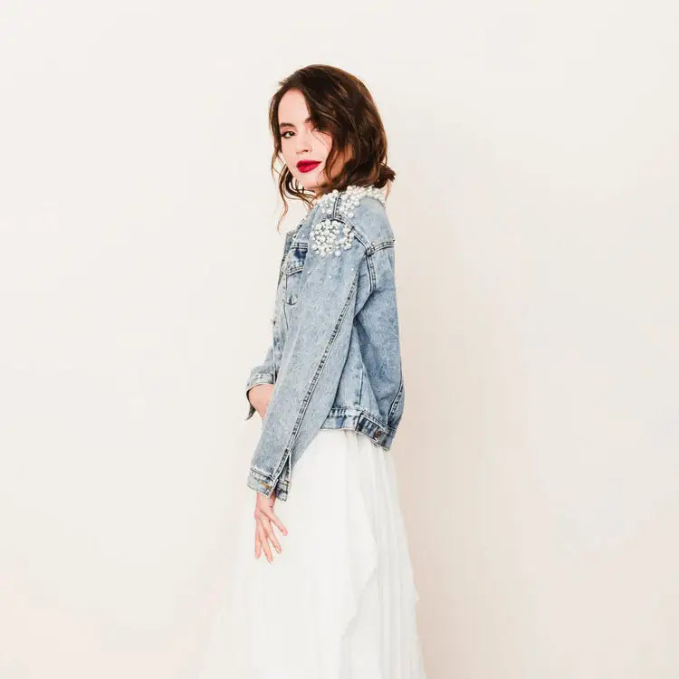Cluster Pearl Beaded Wifey Denim Jacket by Heirloom -