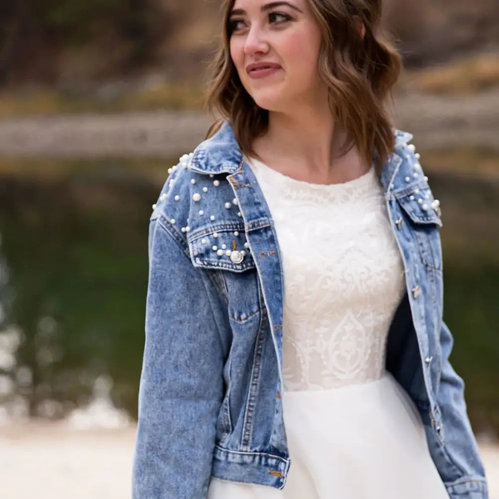 Studded Pearl Bridal Jacket 3XL White Denim Personalized Please Type The Personalized Word in The Order Notes