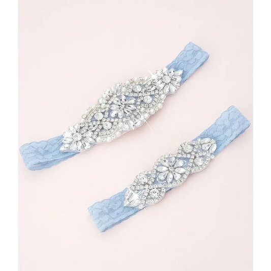 Adelaide Crystal and Lace Garter Set Dusty Blue C01S-C02S