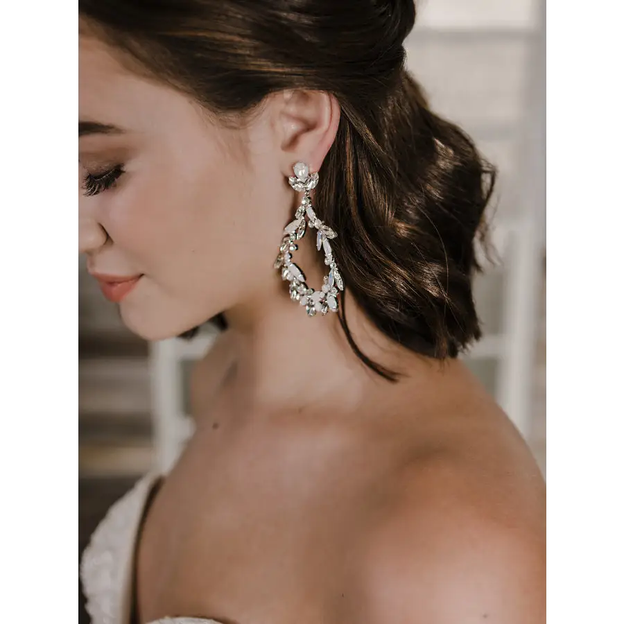 E2163 Bridal Rhinestone Earrings - Silver/Clear/White Opal -