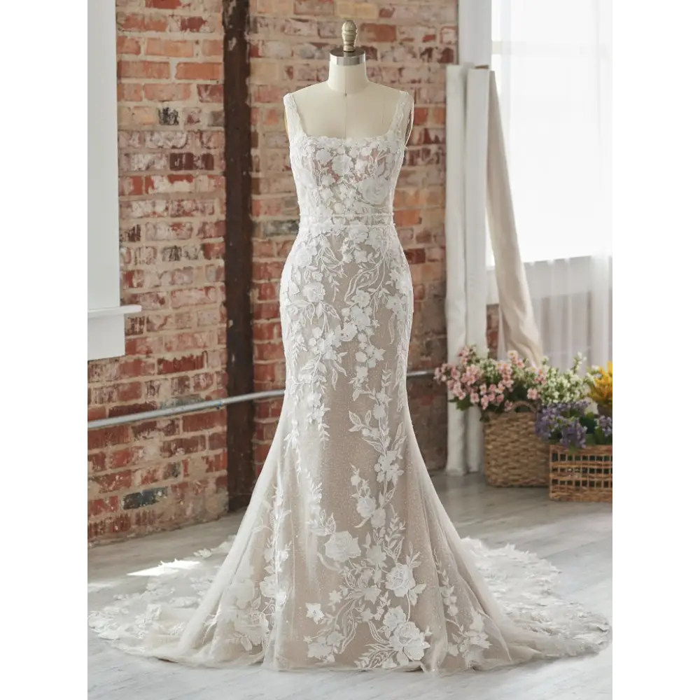 Champagne Lace Applique Wedding Dresses Cathedral Train Bridal Gown W0093 -  Champagne / US2