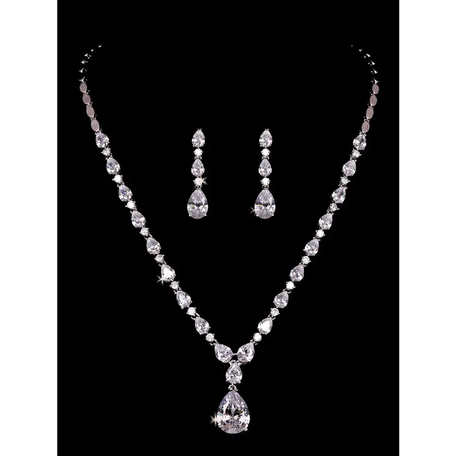 NL2154 Bridal Necklace Set - Silver/Clear - Accessories